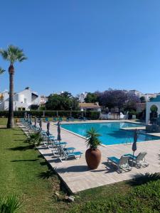 uma piscina com espreguiçadeiras e uma palmeira em Villa c/ piscina próxima da praia em Cabanas de Tavira