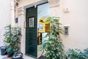 a green door with plants in front of a building at Apartments Martecchini in Dubrovnik