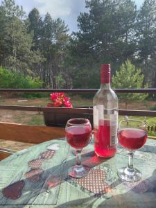 a bottle of wine sitting on a table with two glasses at Anita`s home in Ohrid
