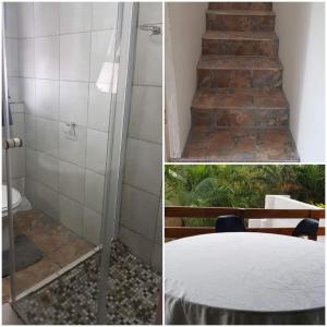 zwei Bilder einer Treppe mit einer Dusche und einem Tisch in der Unterkunft 7 Dolphins in KwaDukuza