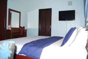 a bedroom with a bed with blue pillows and a television at Koraf Hotels in Abuja