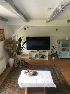 a living room with a table and a tv at Hering FeWo II Apartment Balcony in Wiek auf Rügen 