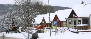 a town covered in snow with houses and a car at Apartament Dla Dwojga in Ustrzyki Dolne
