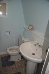 a bathroom with a white toilet and a sink at The Garrett in Melcombe Regis +11 photos