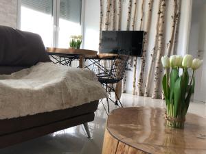 ein Wohnzimmer mit einer Couch und einem Tisch mit Blumen in der Unterkunft Artistic Luxury in Skopje