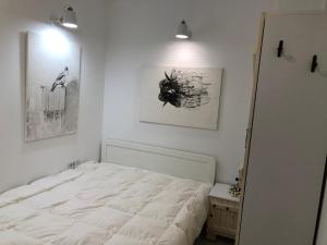ein Schlafzimmer mit einem Bett und zwei Bildern an der Wand in der Unterkunft Artistic Luxury in Skopje