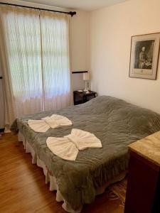 1 dormitorio con 1 cama grande y toallas. en Fachoalto Budget, en Petrópolis