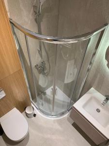 Un baño con ducha, inodoro y lavabo. en Aurora apartments, en Palanga 14 fotos más