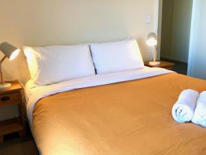 1 cama con 2 toallas y 2 lámparas en Holiday Comfort, en Twizel