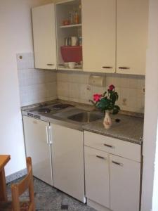 kuchnia z białymi szafkami i zlewem z wazą kwiatów w obiekcie Apartment in Ika with sea view, terrace, air conditioning, WiFi (3699-2) w mieście Ika