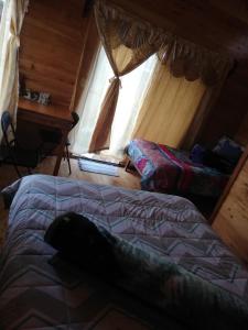 a bedroom with a bed and a desk and a window at Cabañas San gerardo in San Gerardo de Dota