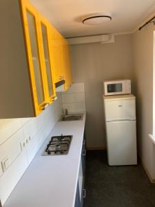 a small kitchen with a stove and a microwave at VP APARTMENTS in Sillamäe