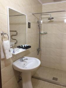 La salle de bains est pourvue d'un lavabo et d'une douche. dans l'établissement Park Hotel al Bustan, à Chimkent