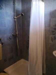 a shower with a white shower curtain in a bathroom at Apartman Dubravko Tribanj in Starigrad +28 photos