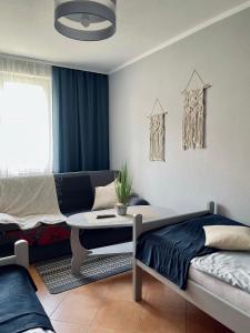 比斯庫平的住宿－Przystań Biskupińska，一间卧室配有一张床、一张桌子和一张沙发