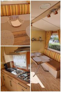 Gunsbach的住宿－Mobil-home Beau Rivage，厨房以及带水槽和桌子的大篷车