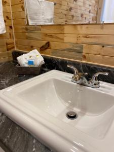 a white sink in a bathroom with a mirror at Raleigh Rooms & Taylor's Crafts in Raleigh