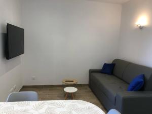 ein Wohnzimmer mit Sofa und Tisch in der Unterkunft Sollaris Appartement 1ère étage à 11km de Europa-Park in Friesenheim