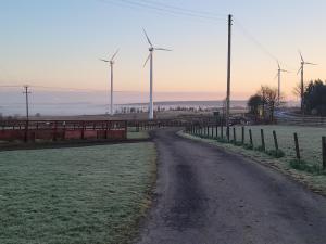 a dirt road with wind turbines in a field at Blairmains Guest House in Kirk of Shotts