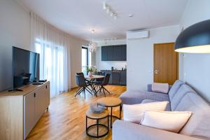 a living room with a couch and a tv at Artisa Riia Str 22A Luxury apartment in Tartu