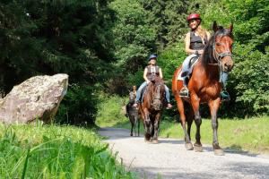 two people riding horses down a path with other people on horses at Casa Salvaterra Affittacamere in Pinzolo