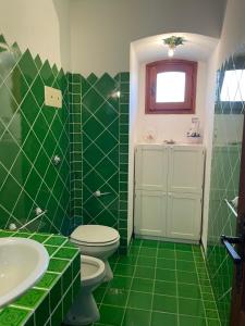 un bagno verde con un water e un lavandino di Villa Annalia a Cannigione Altre 55 foto