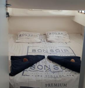 uma cama com duas almofadas e um edredão em Sea Guesthouse em Canet-en-Roussillon