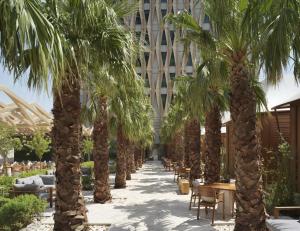 a row of palm trees in front of a building at Four Seasons Hotel Kuwait at Burj Alshaya in Kuwait