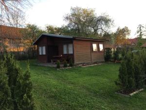 a small wooden cabin in a yard with grass at Dom Pod Długim Wiosłem in Wiartel