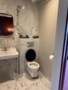 een badkamer met een wit toilet en een wastafel bij Boutique Hotel Zeeuws-Meisje in Zierikzee