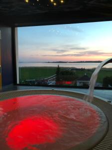 a red bath tub with a water fountain in front of a window at Avila Park & SPA in Dziwnówek