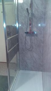 a shower with a glass door with a hose at Braeside Craighouse Jura in Craighouse