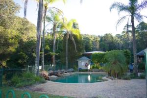 einen Pool in einem Garten mit Palmen in der Unterkunft Karinya "Peaceful Home" in Bandon Grove