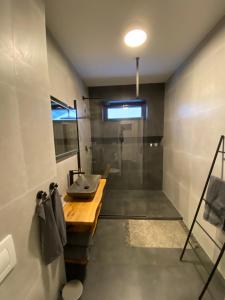 uma casa de banho com um lavatório e um chuveiro em Apartmány Elli em Mýto pod Ďumbierom