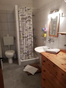 a bathroom with a toilet and a shower curtain at Apartments Dora in Pag +22 photos