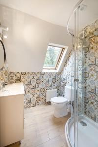 een badkamer met een toilet, een wastafel en een douche bij Pensjonat Pod Świerkami in Polanica-Zdrój