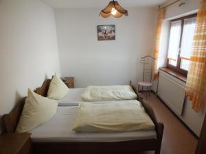 two twin beds in a room with a window at Pension & Reitschule Fuchsenhof in Seebarn