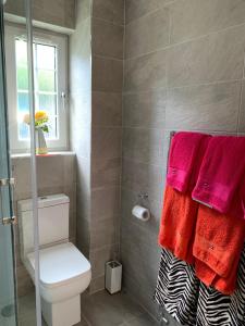 a bathroom with a toilet and red towels at Causewayside in Edinburgh