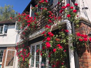 un edificio con flores rojas a un lado. en Hazelwick en Hookwood