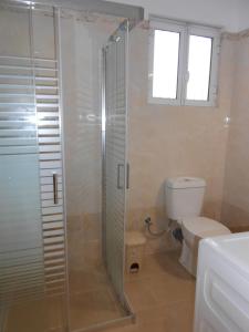 y baño con ducha y aseo. en Elena's old Corfu town apartment, en Corfú