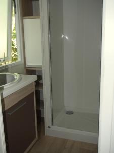 a bathroom with a shower and a sink at camping mas du sartre in Auriolles +21 photos