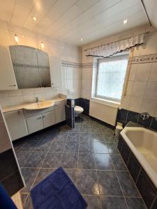 een badkamer met een wastafel, een bad en een toilet bij Ferienwohnungen Pöttker in Bad Zwischenahn