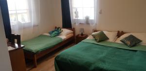 a bedroom with two beds and two windows at Apartamenty Puk Puk in Mrągowo