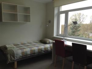a bedroom with a bed and a desk with a window at Hiiumaa Ametikooli Accommodation in Suuremõisa