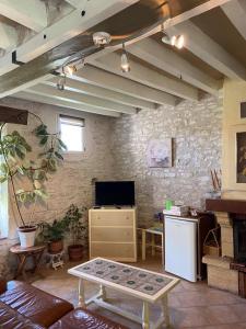 a living room with a white refrigerator and a tv at Petite maison au bord du canal, 8' Zoo de Beauval, PMR in Noyers-sur-Cher +17 photos
