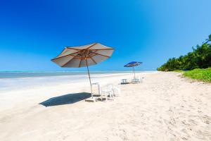 two chairs and umbrellas on a sandy beach at Sollaris Ecopousada in Japaratinga