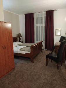 1 dormitorio con cama, escritorio y silla en Hotel Koruna penzion, en Teplice nad Metují