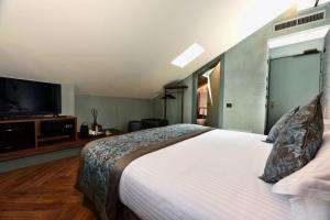 a bedroom with a large bed and a flat screen tv at Rosa Salva Suites in Venice