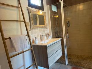 a bathroom with a sink and a shower and a mirror at L'ALIVETU, Chambres d'hôtes in Bastelicaccia