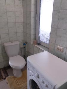 a bathroom with a toilet and a washing machine at Ципель 1 in Szack +11 photos